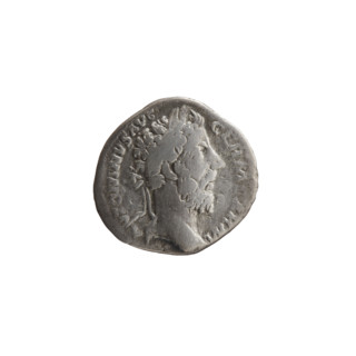 Denarius of Marcus Aurelius (121–180; Roman emperor 161–180). Obverse: Head of Marcus Aurelius in