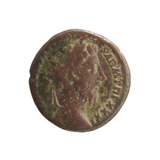 Head of Marcus Aurelius in laurel wreath to the right, M ANTONINVS AV - SARM TR P XXXI all around;