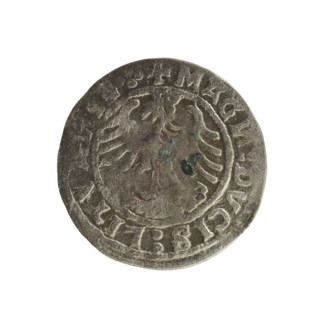 Lithuanian half-grosz, Sigismund I the Old (king of Poland; 1506–1548). Obverse: Pogon turned left;
