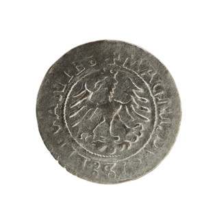 Lithuanian half-grosz, Sigismund I the Old (king of Poland; 1506–1548). Obverse: Pogon (Lithuanian