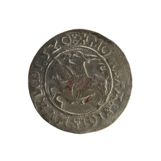 Lithuanian half-grosz, Sigismund I the Old (king of Poland; 1506–1548). Obverse: Pogon turned left;