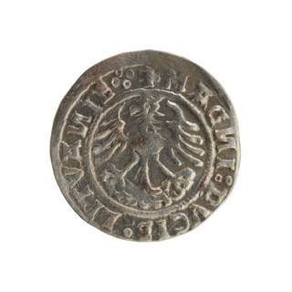 Lithuanian half-grosz, Sigismund I the Old (king of Poland; 1506–1548). Obverse: Pogon (Lithuanian