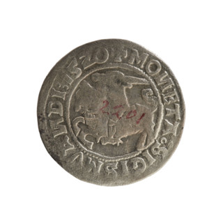 Lithuanian half-grosz, Sigismund I the Old (king of Poland; 1506–1548). Obverse: Pogon (Lithuanian