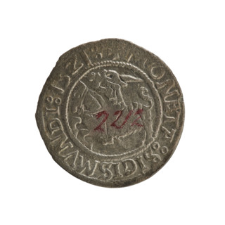 Lithuanian half-grosz, Sigismund I the Old (king of Poland; 1506–1548). Obverse: Pogon (Lithuanian