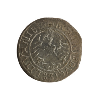 Lithuanian half-grosz, Sigismund I the Old (king of Poland; 1506–1548). Obverse: Pogon turned left;