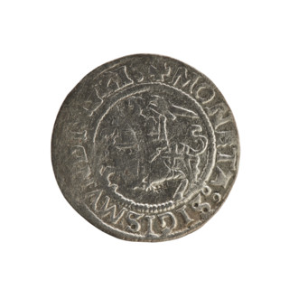Lithuanian half-grosz, Sigismund I the Old (king of Poland; 1506–1548). Obverse: Pogon (mounted