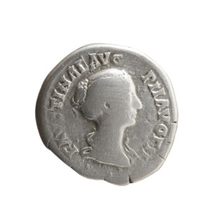 Denarius of Faustina the Younger (ca. 130–176; Roman empress 161–176). Obverse: draped bust of