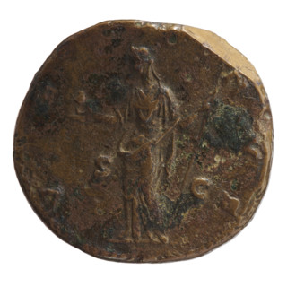 Sestertius of Faustina the Younger (ca. 130–176; Roman empress 161–176; Augusta 147–161). Obverse:
