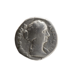 Denarius of Faustina the Younger (ca. 130–176; Roman empress 161–176; Augusta 147–161). Obverse:
