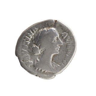 Denarius depicting bust of Faustina II in drapery facing right, inscription 'FAVSTINA - AVGVSTA'