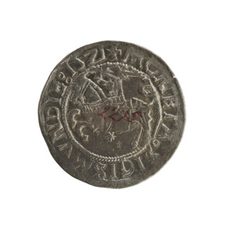 Lithuanian half-grosz, Sigismund I the Old (king of Poland; 1506–1548). Obverse: Pogon (Lithuanian