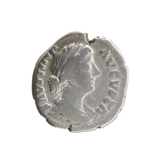 Denarius minted ca. 161–176 CE. Obverse: Bust of Faustina II in drapery facing right, inscription
