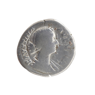 Denarius. Obverse: Bust of Faustina II in drapery facing right, inscription 'FAVSTINA - AVGVSTA'