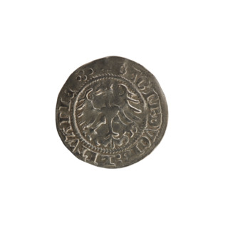 Lithuanian half-grosz, Sigismund I the Old (King of Poland; 1506–1548). Obverse: Pogon (mounted