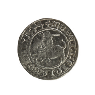 Lithuanian half-grosz, Sigismund I the Old (King of Poland; 1506–1548). Obverse: Pogon (mounted