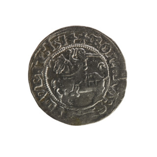 Lithuanian half-grosz, Sigismund I the Old (king of Poland; 1506–1548). Obverse: Pogon (mounted