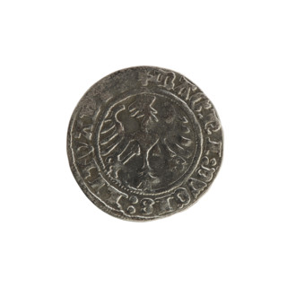 Lithuanian half-grosz, Sigismund I the Old (King of Poland; 1506–1548). Obverse: Pogon (mounted