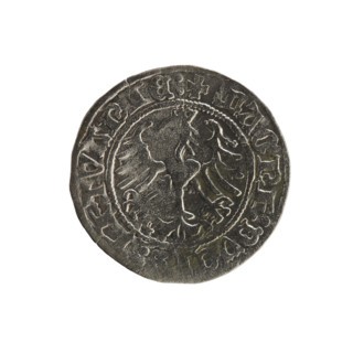 Lithuanian half-grosz, Sigismund I the Old (King of Poland; 1506–1548). Obverse: Pogon (Lithuanian