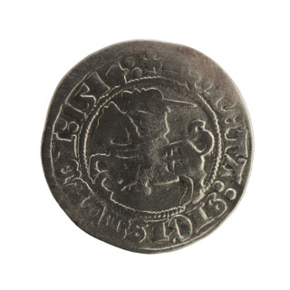 Lithuanian half-grosz, Sigismund I the Old (King of Poland; 1506–1548). Obverse: Pogon (Lithuanian
