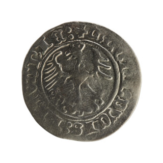 Lithuanian half-grosz, Sigismund I the Old (King of Poland; r. 1506–1548). Obverse: Pogon (mounted