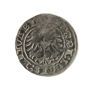 Lithuanian half-grosz, Sigismund I the Old (King of Poland; 1506–1548). Obverse: Pogon (Lithuanian