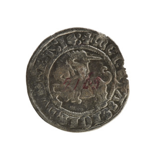 Lithuanian half-grosz, Sigismund I the Old (king of Poland; 1506–1548). Obverse: Pogon (Lithuanian