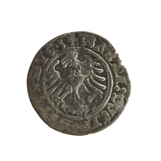 Lithuanian half-grosz, Sigismund I the Old (king of Poland; 1506–1548). Obverse: Pogon (Lithuanian