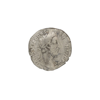 Denarius of Commodus (reigned 177–192). Obverse: Head of Commodus in laurel wreath facing right,