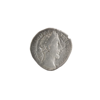 Denarius of Commodus (reigned 177–192). Obverse: Head of Commodus in a laurel wreath facing right;