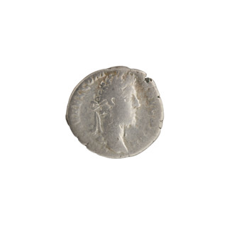 Denarius of Commodus (reign 177–192). Obverse: Bust of Commodus in laurel wreath and drapery facing