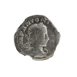 Denarius of Elagabalus (reigned 218–222). Obverse: Bust of Elagabalus with laurel wreath and