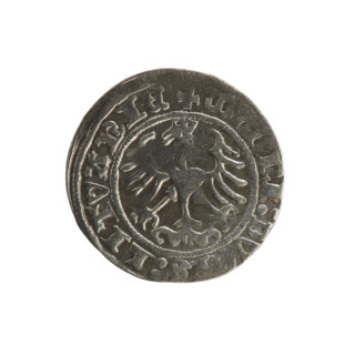 Lithuanian half-grosz, Sigismund I the Old (king of Poland; 1506–1548). Obverse: Pogon (mounted