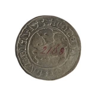 Lithuanian half-grosz, Sigismund I the Old (king of Poland; 1506–1548). Obverse: Pogon turned left;