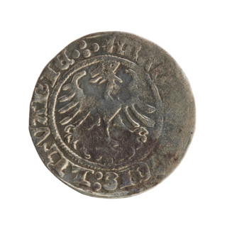 Lithuanian half-grosz, Sigismund I the Old (King of Poland; 1506–1548). Obverse: Pogon (Lithuanian