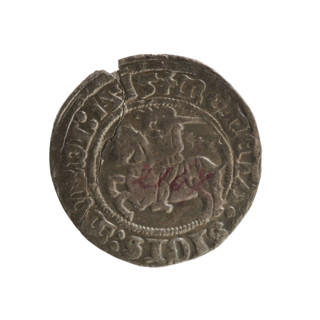 Lithuanian half-grosz, Sigismund I the Old (king of Poland; 1506–1548). Obverse: Pogon (mounted