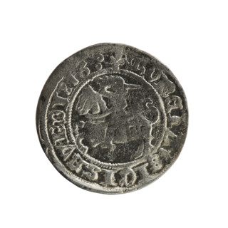 Lithuanian half-grosz, Sigismund I the Old (king of Poland; 1506–1548); Obverse: Pogon (mounted