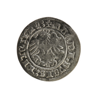 Lithuanian half-grosz, Sigismund I the Old (king of Poland; 1506–1548). Obverse: Pogon (mounted