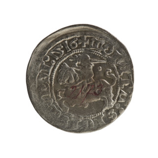 Lithuanian half-grosz, Sigismund I the Old (king of Poland; 1506–1548). Obverse: Pogon (mounted