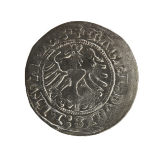 Lithuanian half-grosz, Sigismund I the Old (king of Poland; 1506–1548). Obverse: Pogon turned left;