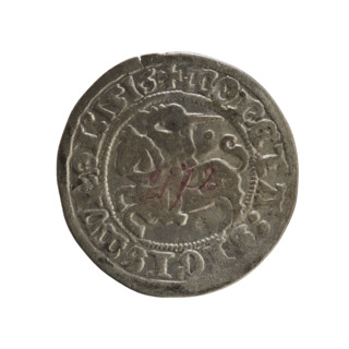 Lithuanian half-grosz, Sigismund I the Old (king of Poland; 1506–1548). Obverse: Pogon (mounted