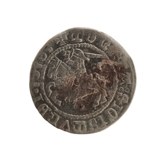 Lithuanian half-grosz, Sigismund I the Old (King of Poland; 1506–1548). Obverse: Pogon (Lithuanian