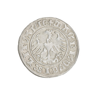 Lithuanian half-grosz, Sigismund I the Old (King of Poland; 1506–1548). Obverse: Pogon (Lithuanian