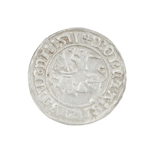 Lithuanian half-grosz, Sigismund I the Old (King of Poland; 1506–1548). Obverse: Pogon (mounted