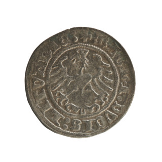 Lithuanian half-grosz, Sigismund I the Old (king of Poland; 1506–1548). Obverse: Pogon (mounted