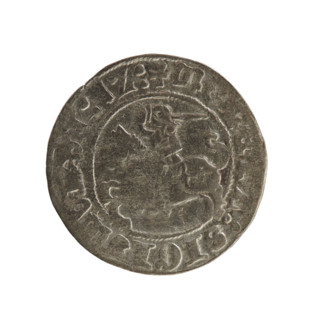 Lithuanian half-grosz, Sigismund I the Old (king of Poland; 1506–1548). Obverse: Chaser turned