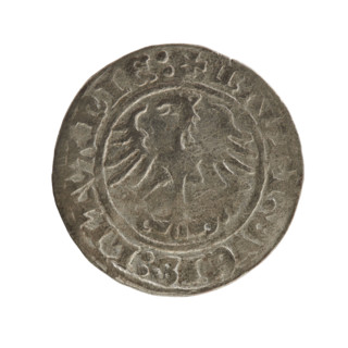 Lithuanian half-grosz, Sigismund I the Old (king of Poland; 1506–1548). Obverse: Chaser turned