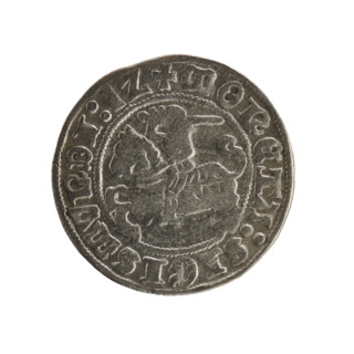 Lithuanian half-grosz, Sigismund I the Old (king of Poland; 1506–1548). Obverse: Pogon (mounted