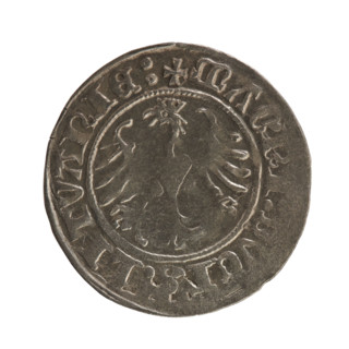 Lithuanian half-grosz, Sigismund I the Old (king of Poland; 1506–1548). Obv.: Pogon (Chaser) turned