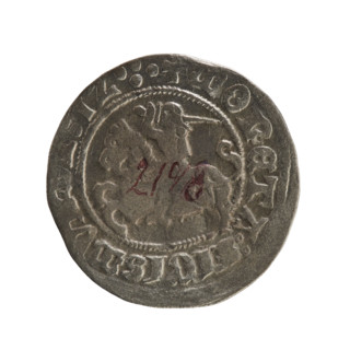 Lithuanian half-grosz, Sigismund I the Old (king of Poland; 1506–1548). Obverse: Pogon turned left;