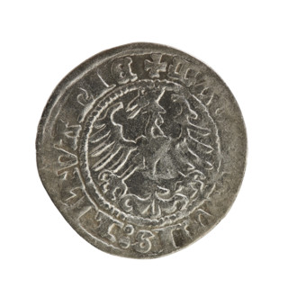 Lithuanian half-grosz, Sigismund I the Old (king of Poland; 1506–1548). Obverse: Chaser turned